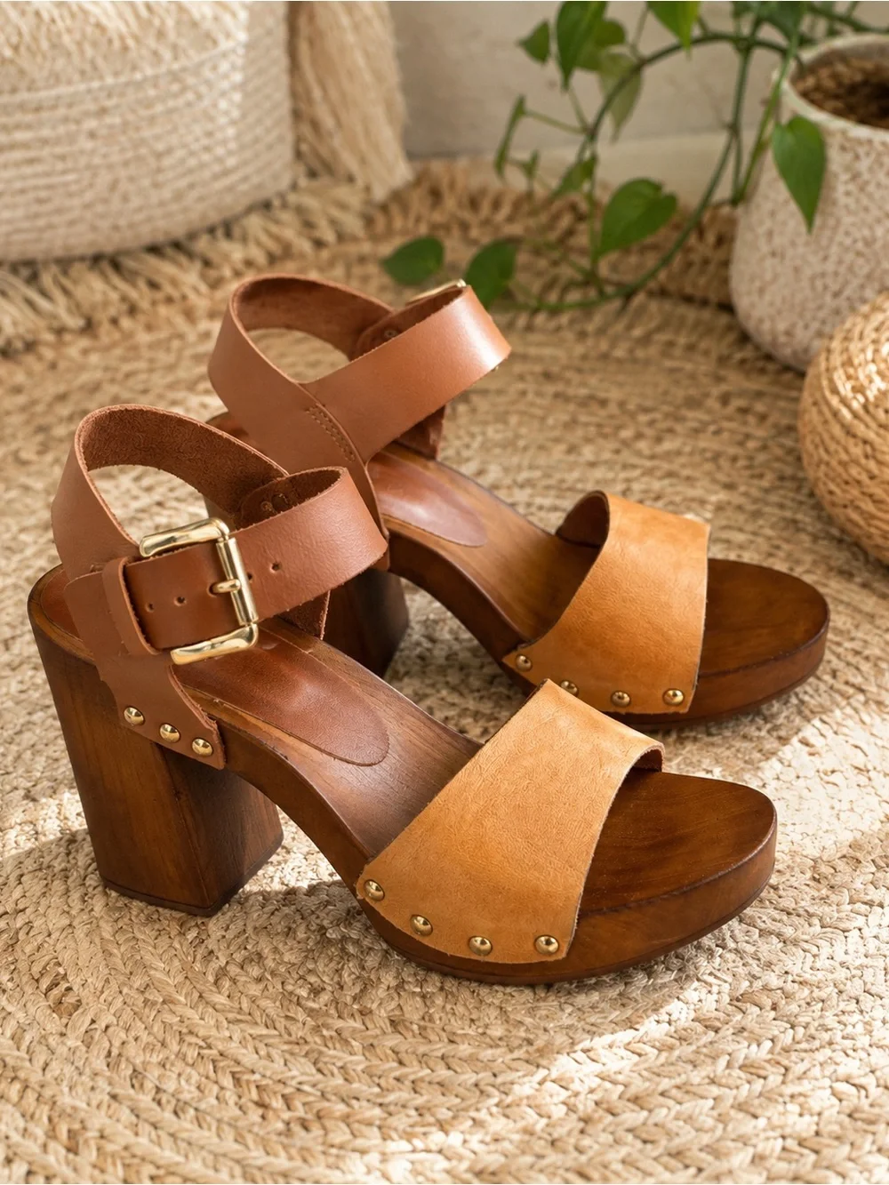 Leather Wood Platform Sandals Size 39 Chunky Heel Boho 70s Style